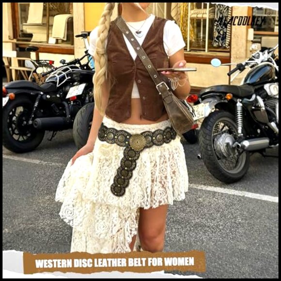 Western Leather Belt Hollow Disc Concho Adjustable Vintage Boho Chic main image 7